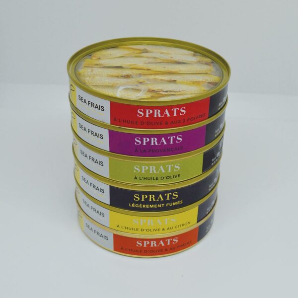 Le Fumoir de Saint-Cast présenteLot de 6 boites de SPRATS Citron - 3 poivres - Provençale - Piment - Huile olive - Fumé